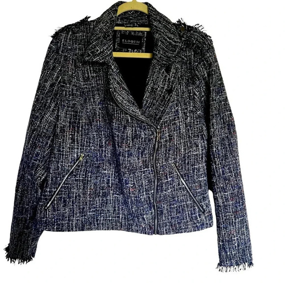 Eloquii Blue Tweed Fringe Moto Jacket Size 22 Plus Size - Picture 1 of 13